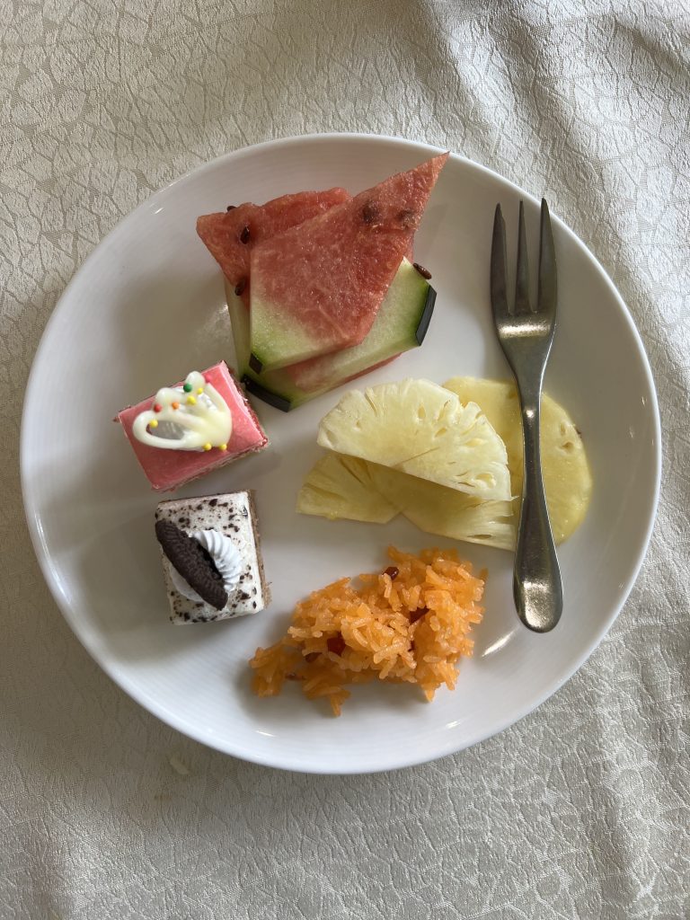 Tasty dishes such as pineapple cake and watermelon.