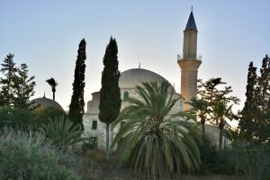 The backyard of hala sultan tekke or the mosque of umm haram after the sunset. Located in larnaca, cyprus.