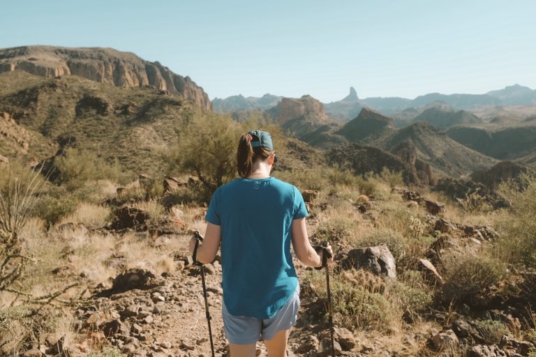 Person hiking on a ridge in a desert landscape with the focus on the hiker and the landscape unfolding in the background.