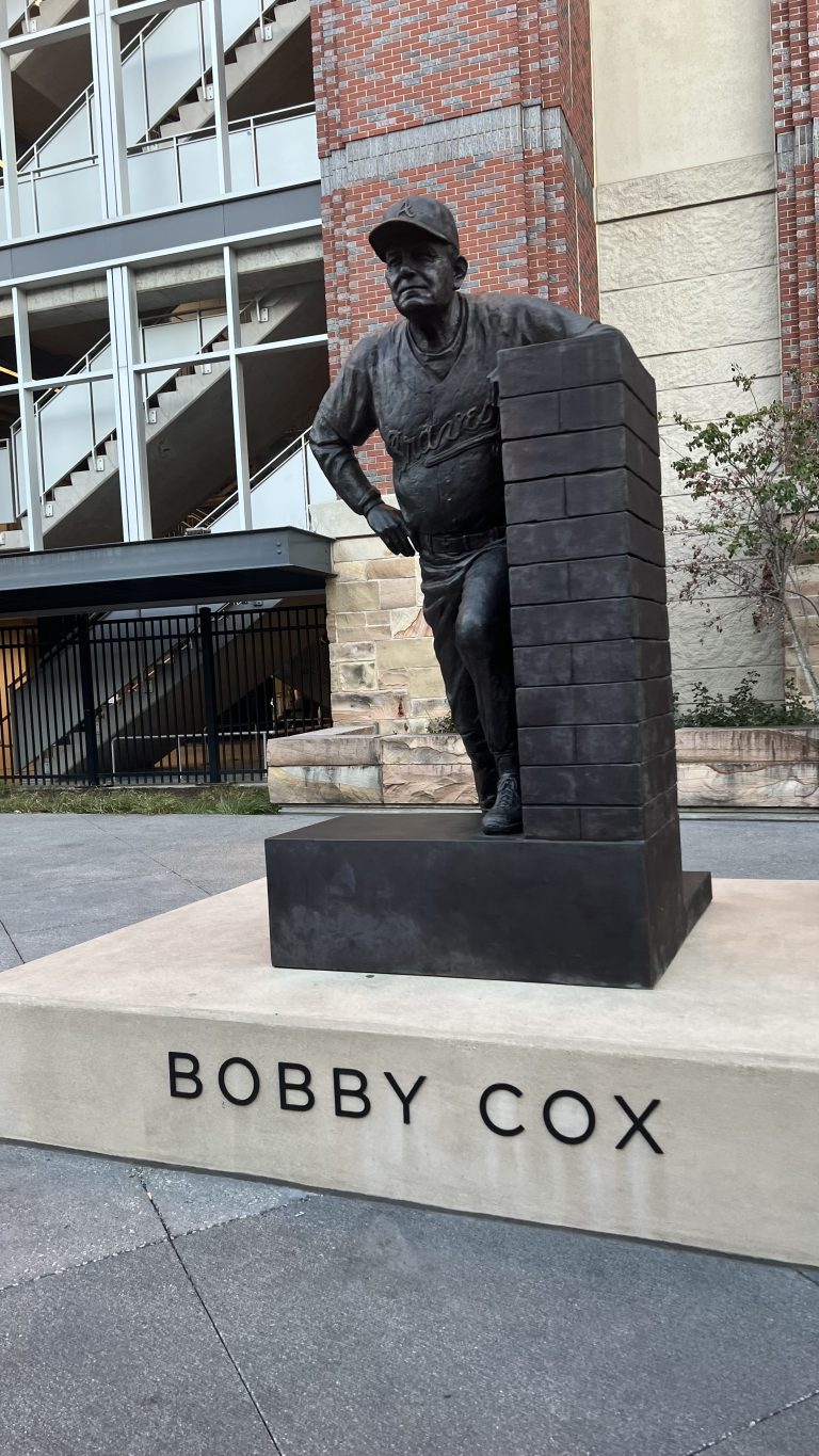 Bobby Cox statue outside Truist Park in Vinings, Georgia