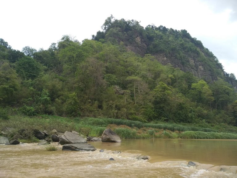 A serene river flowing amidst rocks and trees.