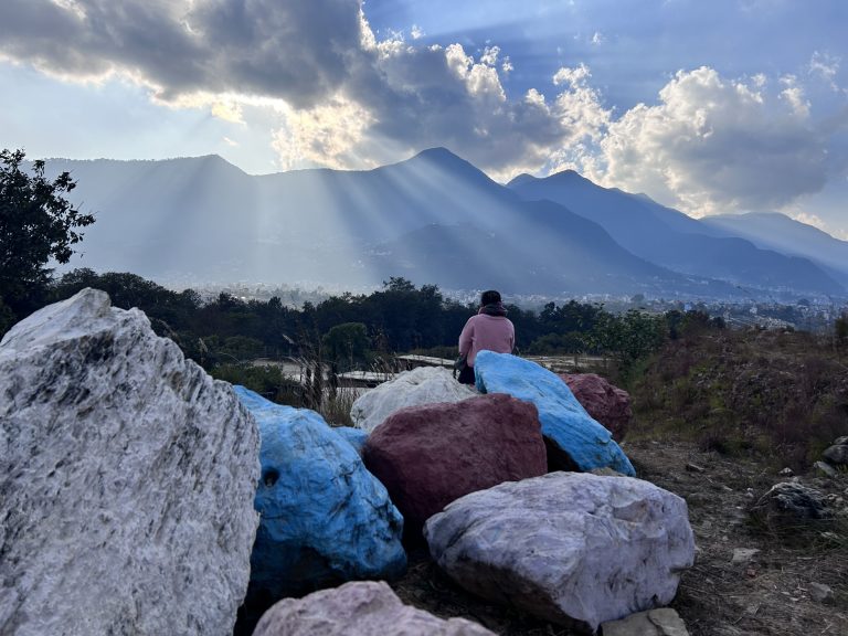 A lady enjoying the park, basking in beautiful sunlight, surrounded by vibrant stones!