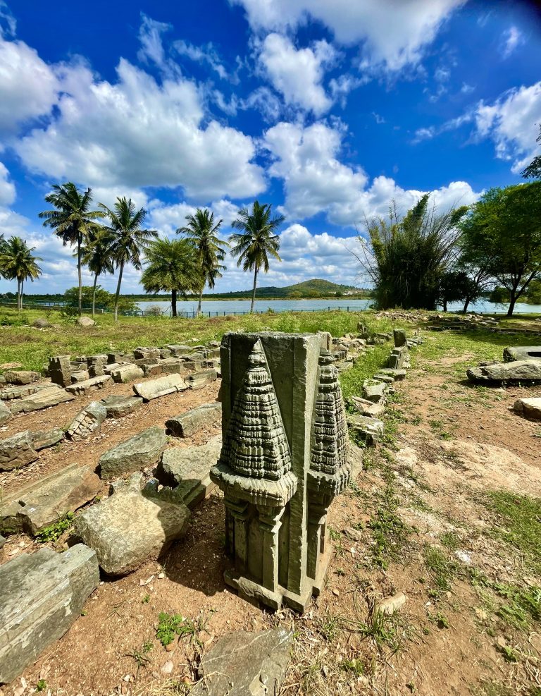 A long view of Dwarasamudra Lake and a Hoysala temple ruins. From Hassan, Karnataka.