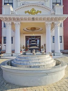 Fountains positioned at the entrance of a residence.