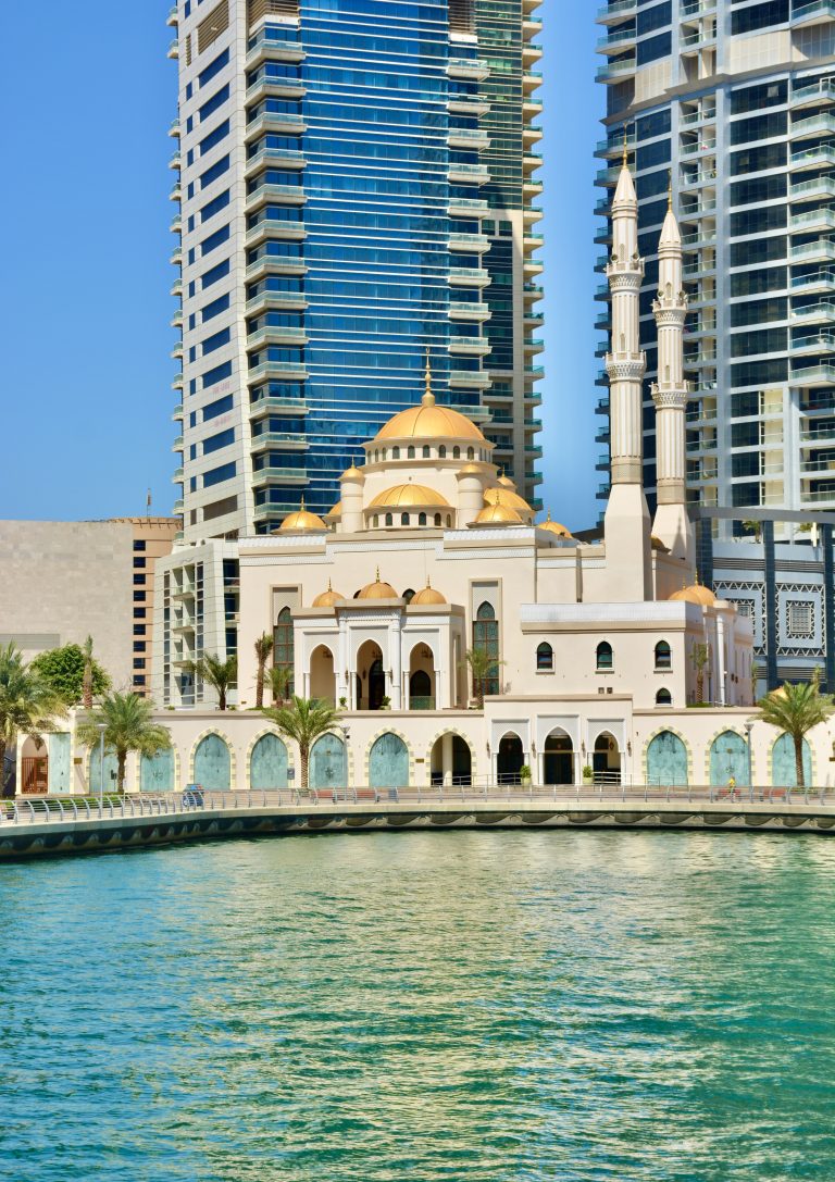 A long view of Mohammad Bin Ahmed Al Mulla mosque. Dubai, United Arab Emirates.