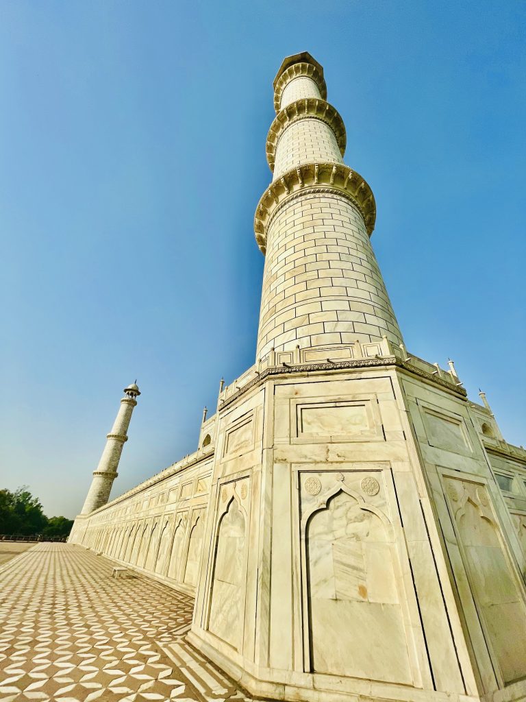 Grand Marble pillars. A backyard view of Taj Mahal. Located in Agra, Uttar Pradesh, India.