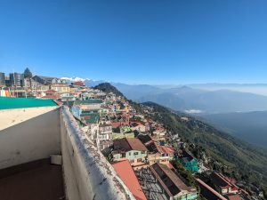 Mountainous vista of Kangchenjunga from the a rooftop in Darjeeling, India