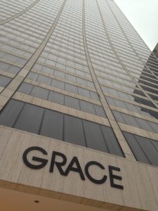 Grace Building in New York City viewed at an upward angle towards the top of the skyscraper