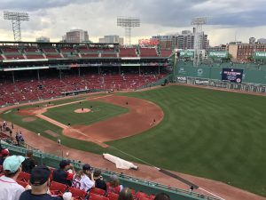 View larger photo: A pre-game view of Fenway Park from the upper level down the right field foul line. The grounds crew is preparing the field, and the Green Monster is in view.