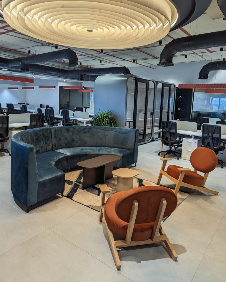 A well furnished office interior with a spiral designed cieling light