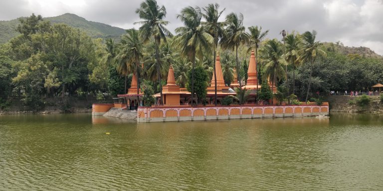 The Lord Shri Ram Temple stands in the midst of the water at Ramdara in Pune, India.