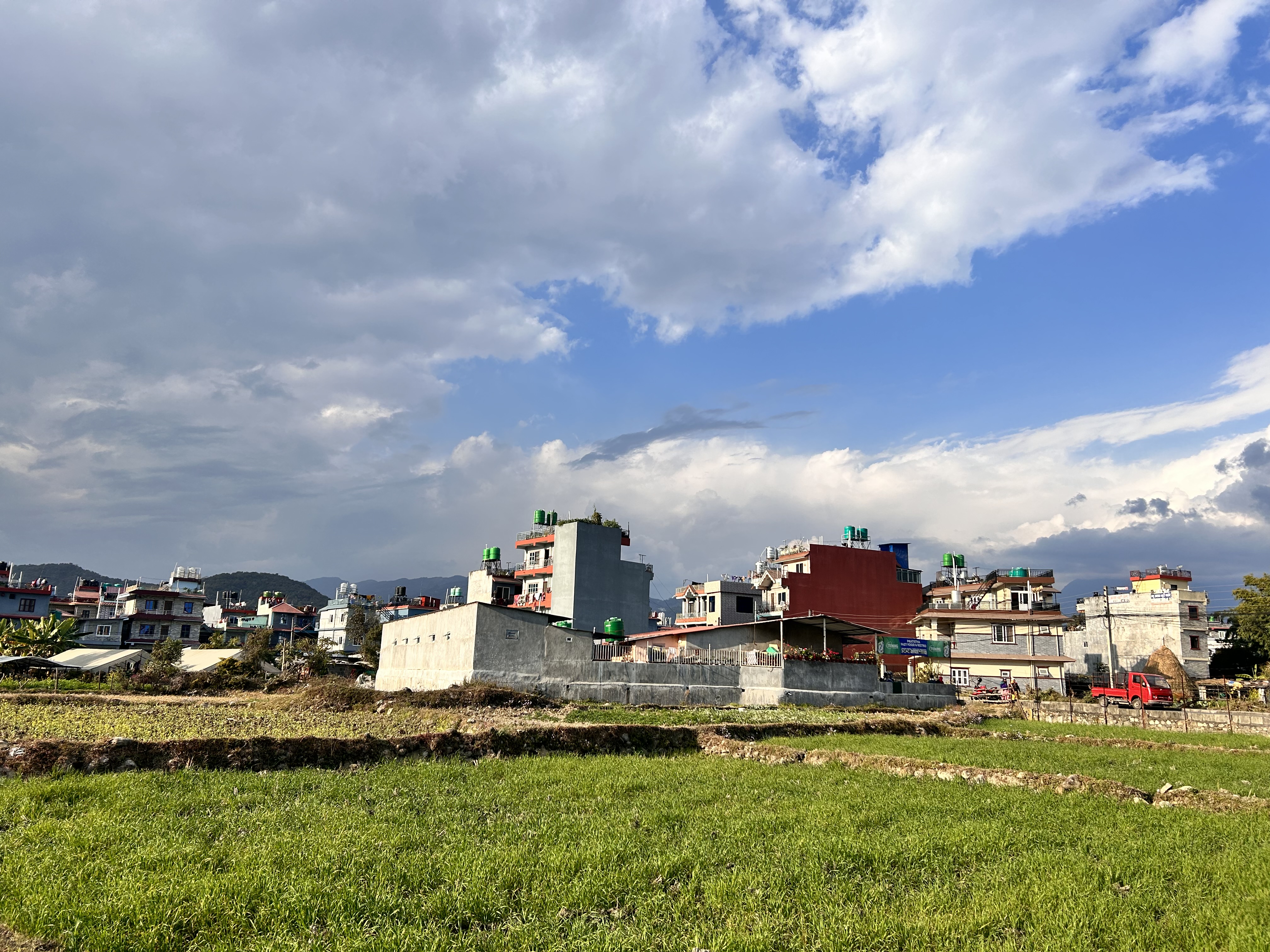 Amidst the buildings, a refreshing green field steals the spotlight