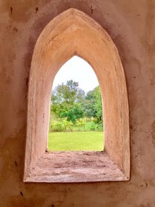 A view of the window at the Queen's Bathhouse in Hampi, located in Karnataka, India.