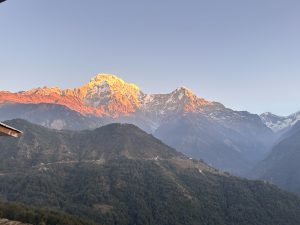 Early morning hues illuminate the snowy himalayas, casting a golden glow in this captivating view!