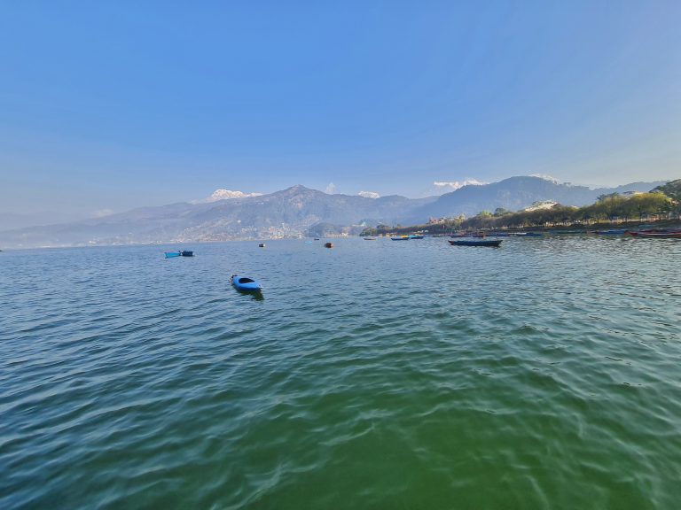 A kayak on Fewa Lake in Pokhara, Nepal.