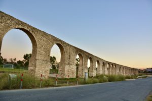 Evening view of Kamares Aqueduct, Larnaca, Cyprus. It is a 18th century monument and also known as Bekir Pasha Aqueduct.