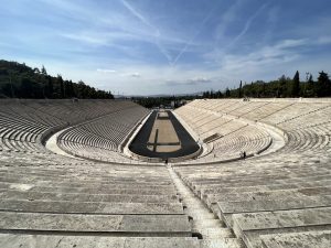 A wide angle shot from the very top of Panathenaic Stadium in Athens, Greece.