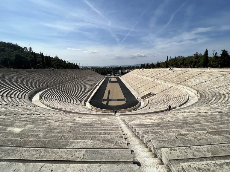 A wide angle shot from the very top of Panathenaic Stadium in Athens, Greece.