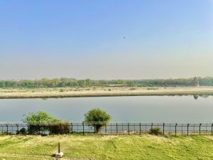 Morning view of Yamuna river in the summer from Taj Mahal backyard. Located in Agra, Uttar Pradesh, India.