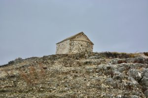 A long view of a small traditional building on the top of Perun mountains, Split, Croatia.