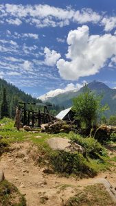 A gate that says "No entry. Organic farm." with mountains in the background in Kasol Himachal 