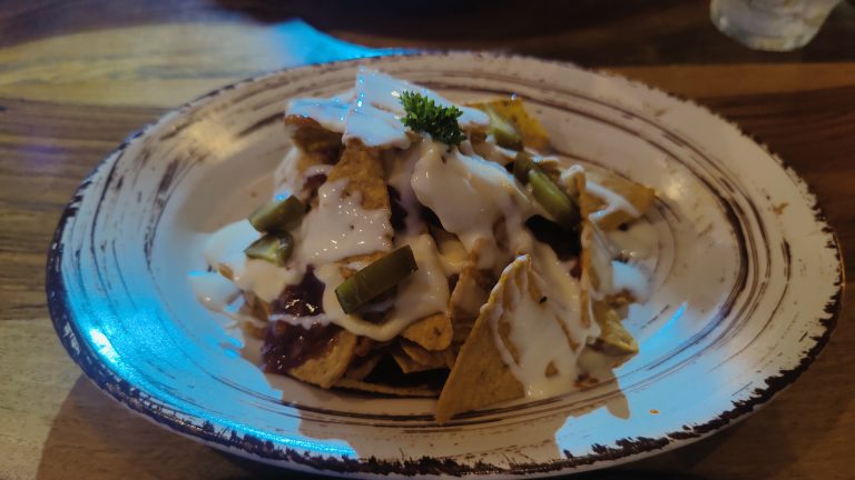 Chicken Nachos topped with cheese and jalape?os, served on a ceramic bowl.