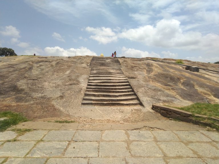 A rocky hill and stairs in Bangalore, India.