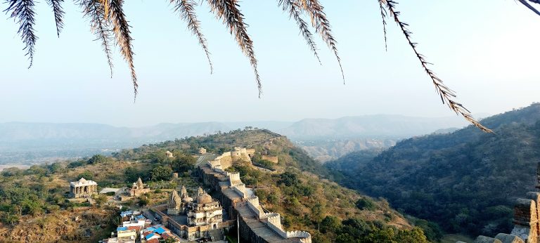 An aerial view of Kumbhalgarh in the mountains. It’s a fort that is also known as the Great Wall of India