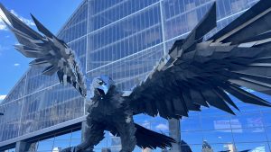 Falcon statue constructed with sharp edge metal components, outside the Mercedes-Benz Stadium in Atlanta, Georgia