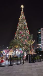 An illuminated 100 Feet tall Christmas tree decorated with verity of ornaments. #