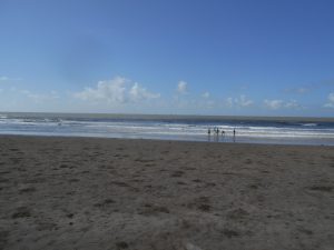 View larger photo: Seascape, five people paddling in the sea on the shoreline as the waves roll in.
