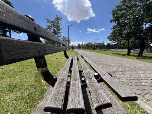 View larger photo: Close up of a wooden bench at Simon Bolivar Parl, Bogotá, Colombia. Blue sky in the background.