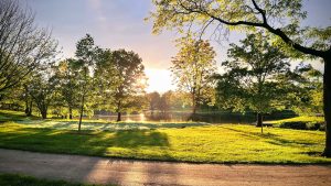 Sunset in spring at Barth Pond (Patriots Park, Downers Grove, Illinois)