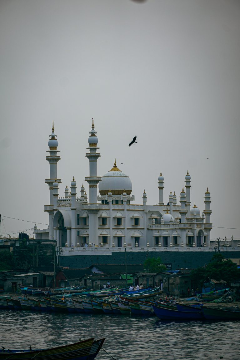 A mosque by the water. Boats line the banks. Birds fly above the minarets.