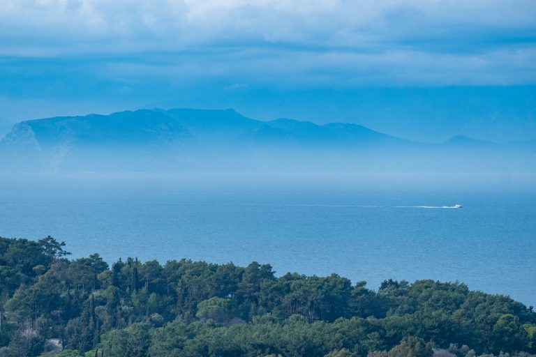 A landscape photo with a forest in the foreground, sea with a boat going across in the middle, and an island in the background.