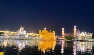 A night time view of the Sri Harmandir Sahib Golden Temple, Amritsar, Punjab India.