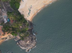 Aerial view of Kappad beach and rock, Kozhikode, Kerala, India.