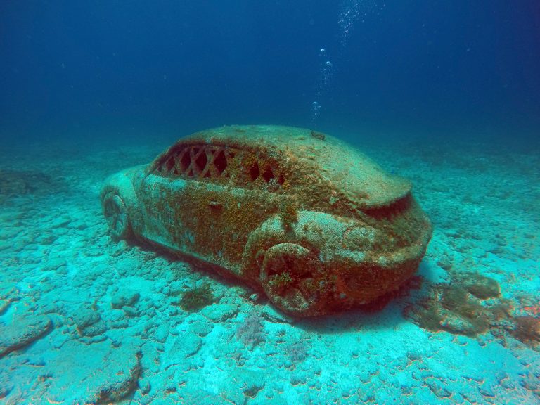 A car sculpture from the underwater museum in Cancún, Mexico