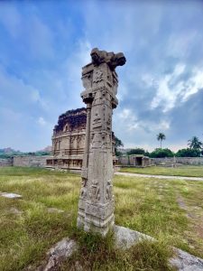 A beautifully craved stone pillar of a demolished building. From Hampi, Karnataka.