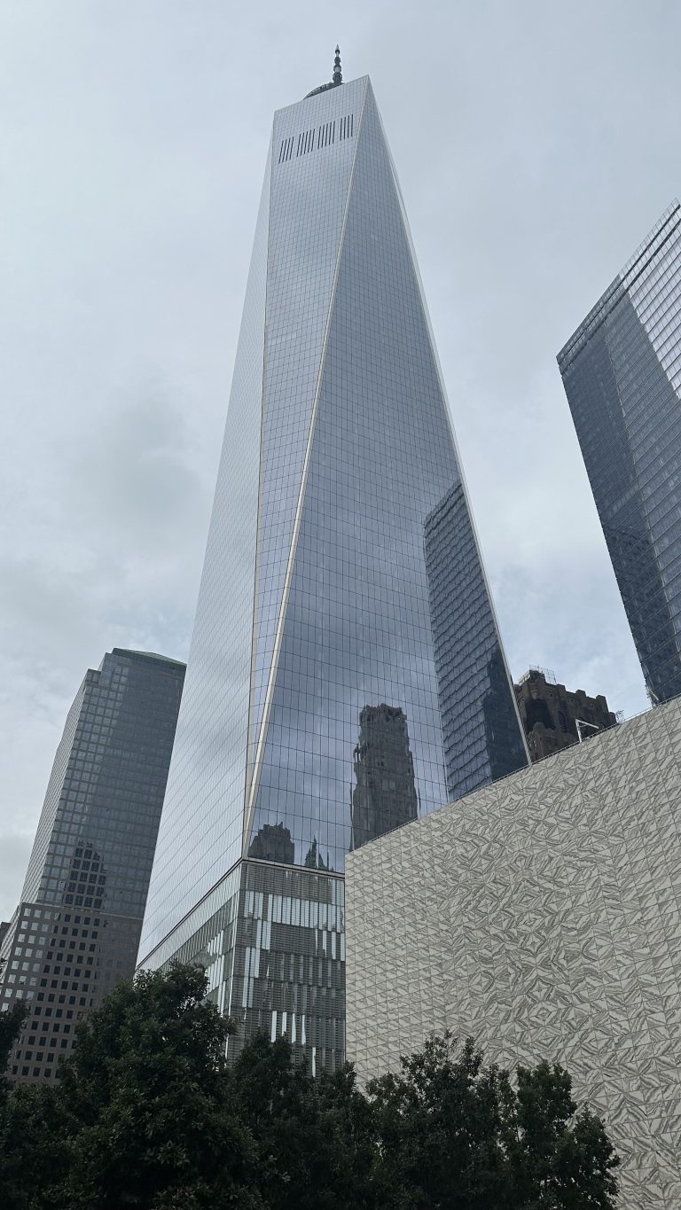 A perspective view of One World Trade Center from the bottom.