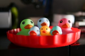 Family of colorful rubber ducks sitting on a red frisbee.