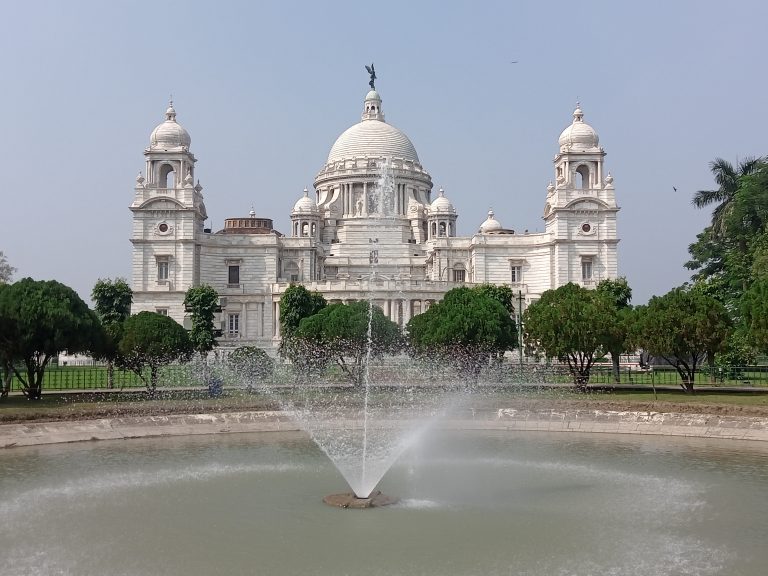 Side view of Victoria Memorial with water fountain, Kolkata, West Bengal, India. #