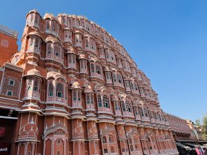 Stunning view of the Hawa mahal with clear blue sky, Jaipur, Rajasthan. 
