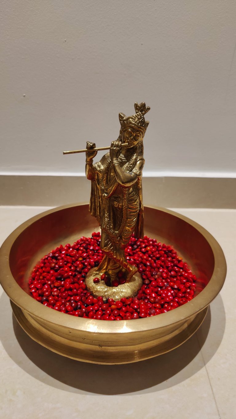 Lord Krishna in a Brass Uruli with Manjadikuru (Lucky red seeds).