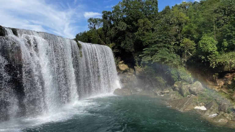 Fast flowing powerful small waterfall cascades into a rock and tree edged pool of water.