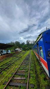 Train boggie in blue color and railway tracks surrounded by green grass having a cloudy sky. Photo taken from the journey between Kandy to Ella, Sri Lanka