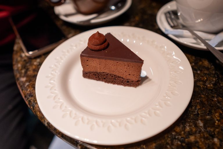 A slice of chocolate cake on a plate.