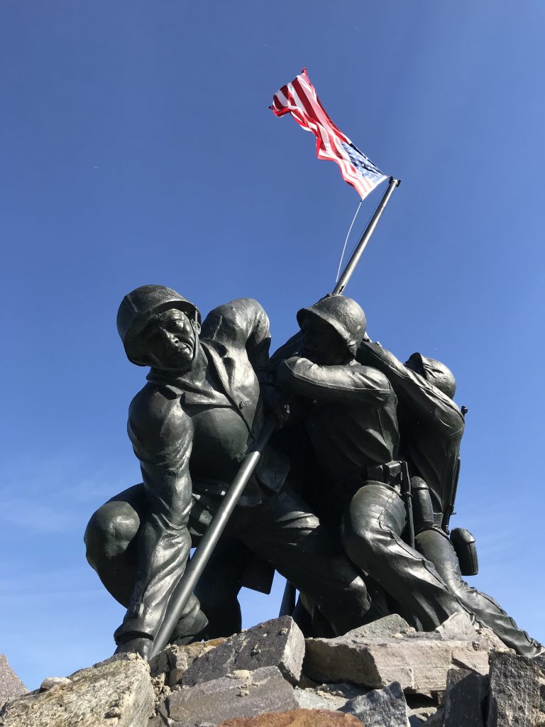 A World War II monument in Bicentennial Park in Fall River, Massachusetts depicting soldiers raising the US flag during the Battle of Iwo JIma.