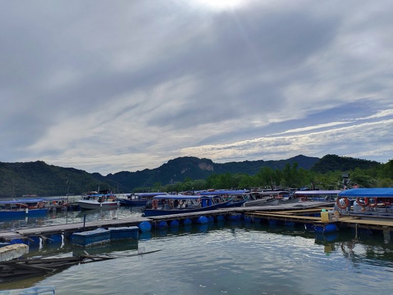 Serene dock with boats peacefully moored in calm waters, offering a soothing sight.