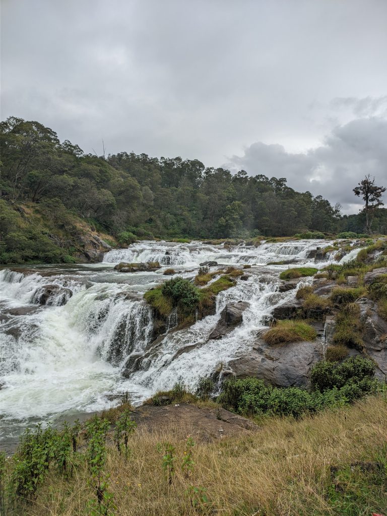 View of water flowing down through the rocks with trees in the background.